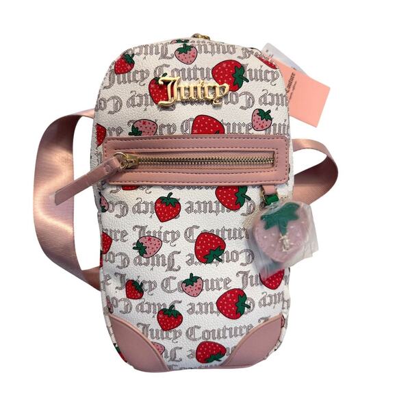 Juicy Couture Mini Backpack Strawberry Print Logo White Pink Bag NWT Cute Y2K - Picture 1 of 5